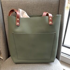Sage Green Leather Tote Bag with Tan Handles - PLG Portland Leather Goods